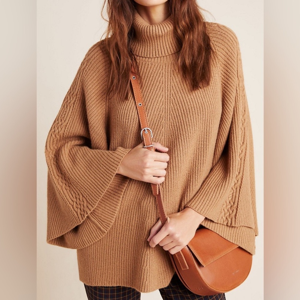 Anthropologie‎ Kali Poncho Honey Camel Ribbed Turtleneck Bat Wing Boho Sweater